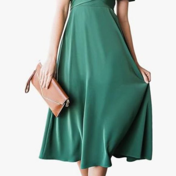 Women's Off The Shoulder Ruffle Short Sleeve Wrap Ruched Smocked Green - Picture 6 of 7